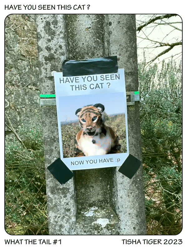 Poster with a picture of a furry tiger saying "have you seen this cat? now yes"