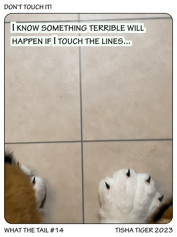 Comic strip
Tiger walking avoiding touching lines on the floor, saying : "I know something terrible will happen if I touch the lines..."