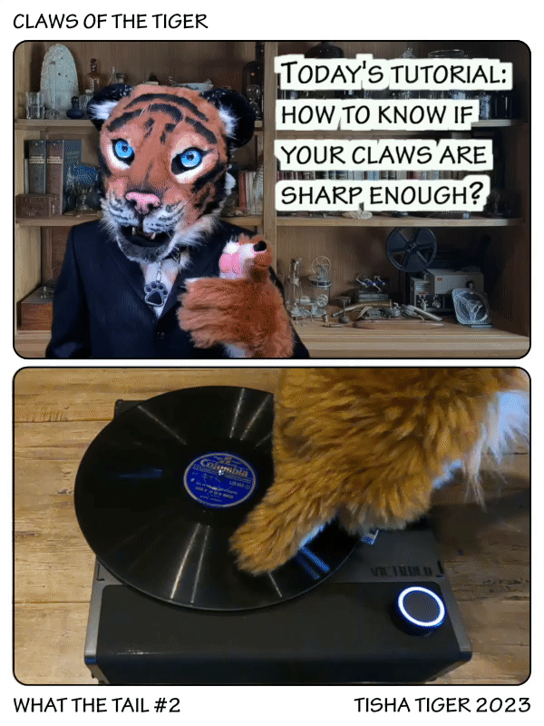 Comic strip
1) "Today's tutorial : how to know if your claws are sharp enough ?"
2) "Use a claw to read an old disk !"